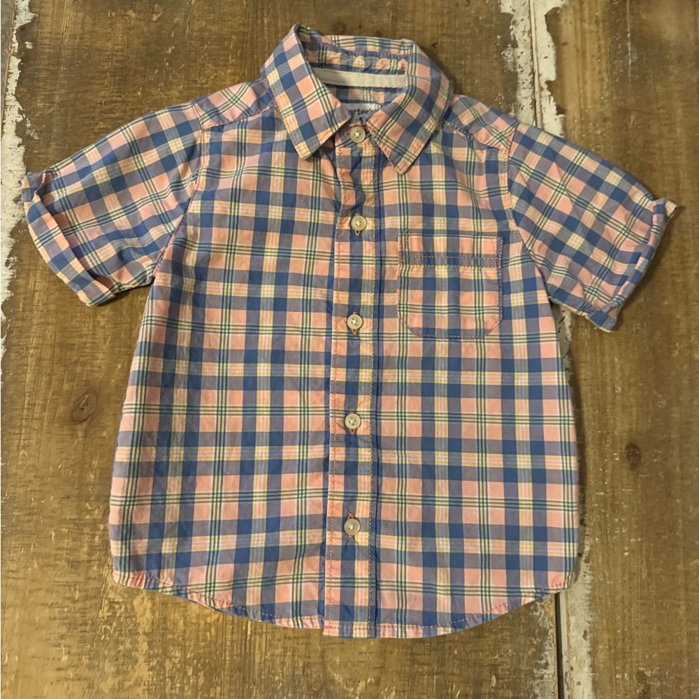 Carter’s Pink Blue Plaid Cotton button up short sleeve dress shirt 18m 18 months